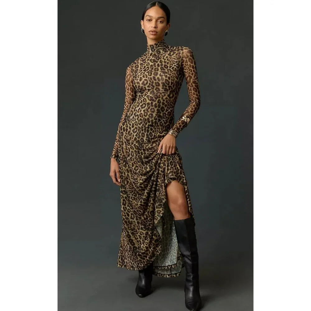 Anthropologie Ronny Kobo Ember Long-Sleeve Mock-Neck Printed Maxi Dress SZ Small